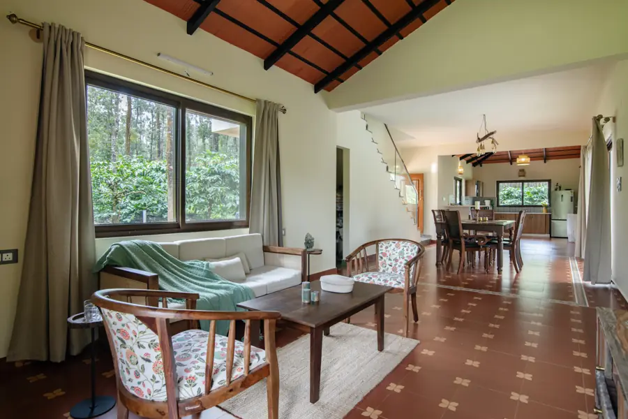 Living room seating by a large window
